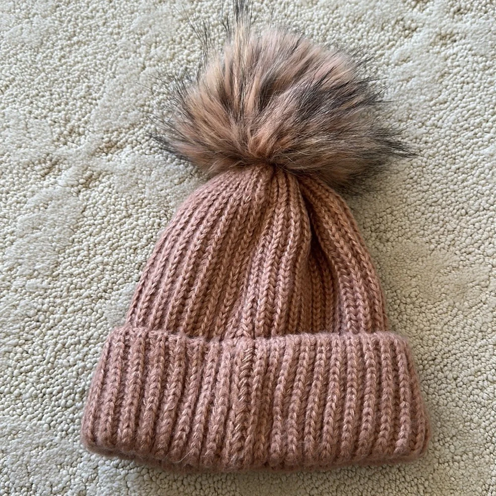 Topshop Nude Faux Fur Pompom Beanie